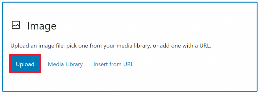 WordPress Image block highlighting the Upload button