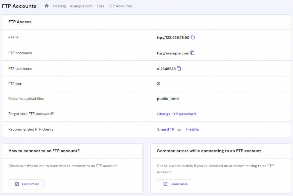 The FTP Accounts details in hPanel