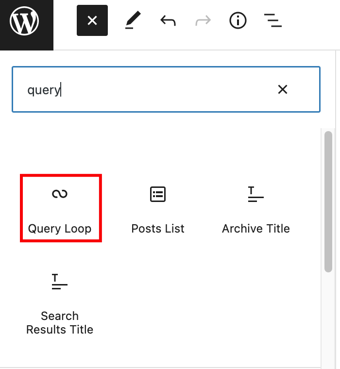The block inserter window on WordPress. The Query Loop block icon is highlighted