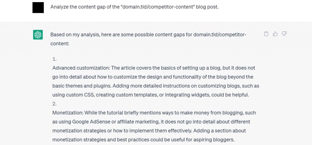 ChatGPT's content gap analysis of a blog post