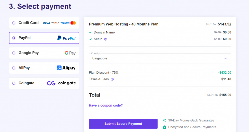 The payment selection section in the Hostinger hosting plan purchase menu