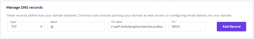 The TXT record values on hPanel's Manage DNS records section