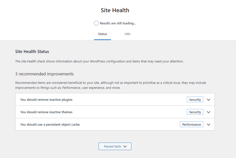 The Site Health menu on WordPress