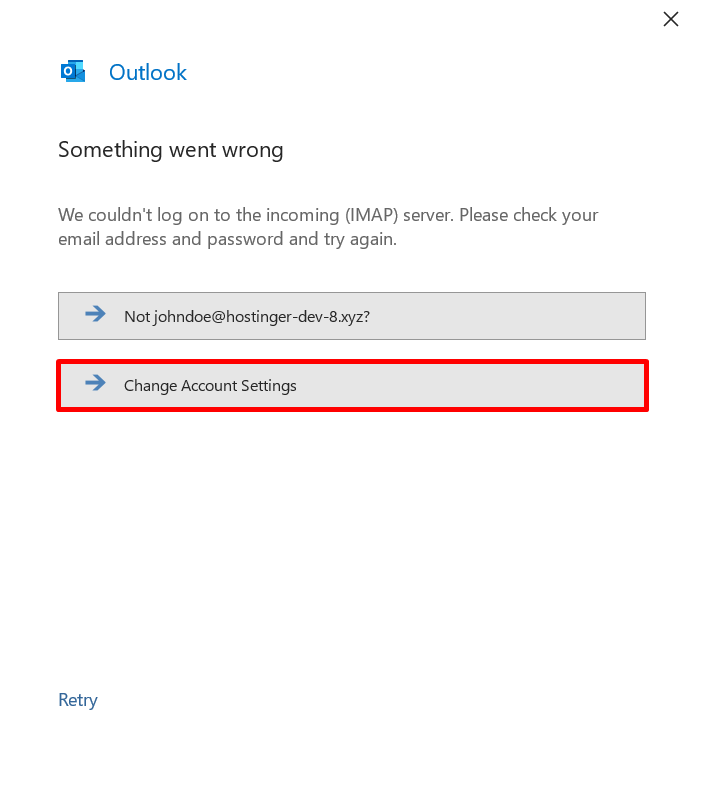 Outlook 2019 error message page highlighting the Change Account Settings option