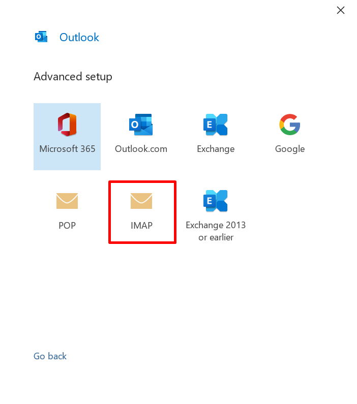 The Outlook 2019 Advanced Setup with the IMAP highlighted