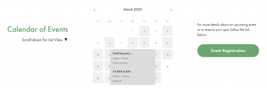 Calendar of Events page on The Sanctuary's website