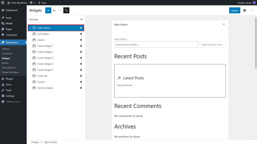 The WordPress Widgets screen with the Right Sidebar option highlighted