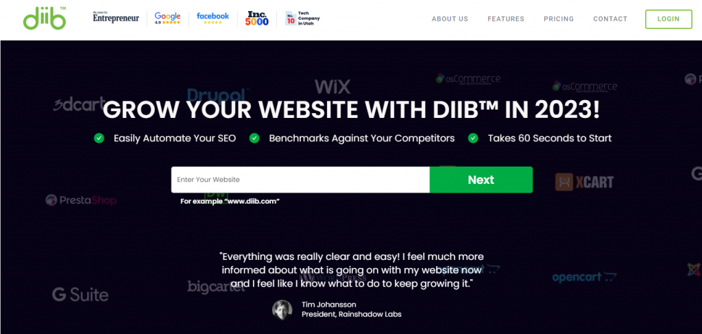 DiiB website landing page