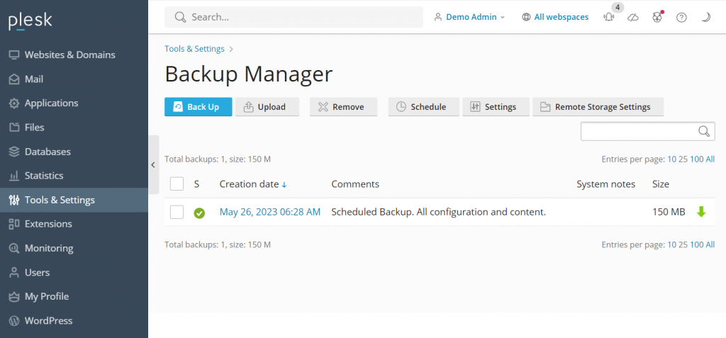 Plesk's Backup Manager tool interface