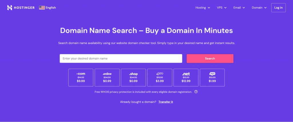 Hostinger's domain name search page
