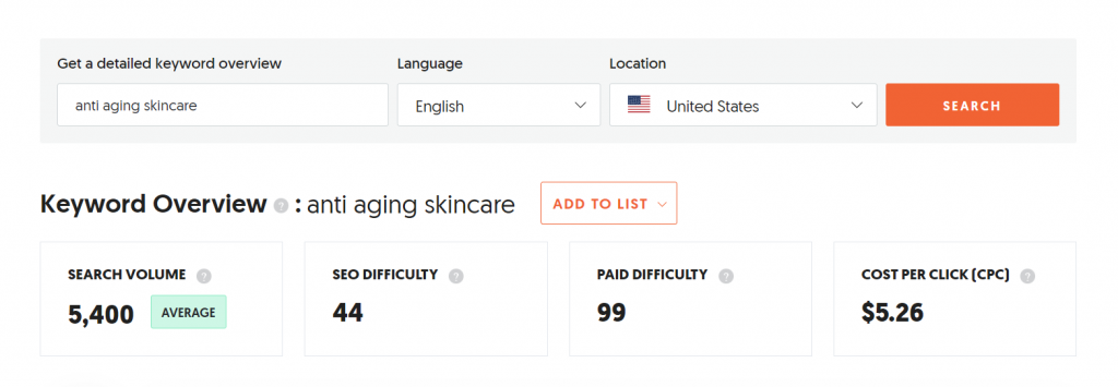 Overview of the keyword "anti-aging skincare" on Ubersuggest includes search volume, SEO difficulty, and cost-per-click value.