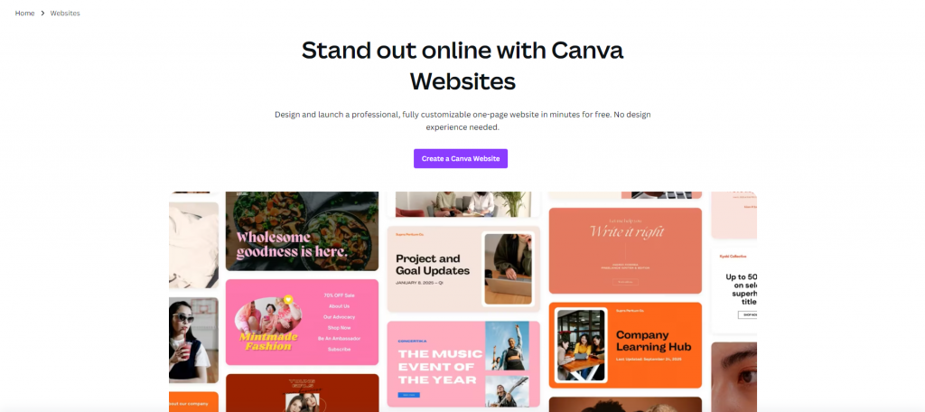 Canva website builder page