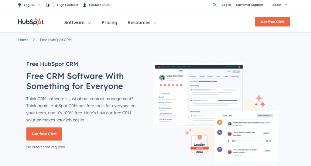 HubSpot CRM's landing page