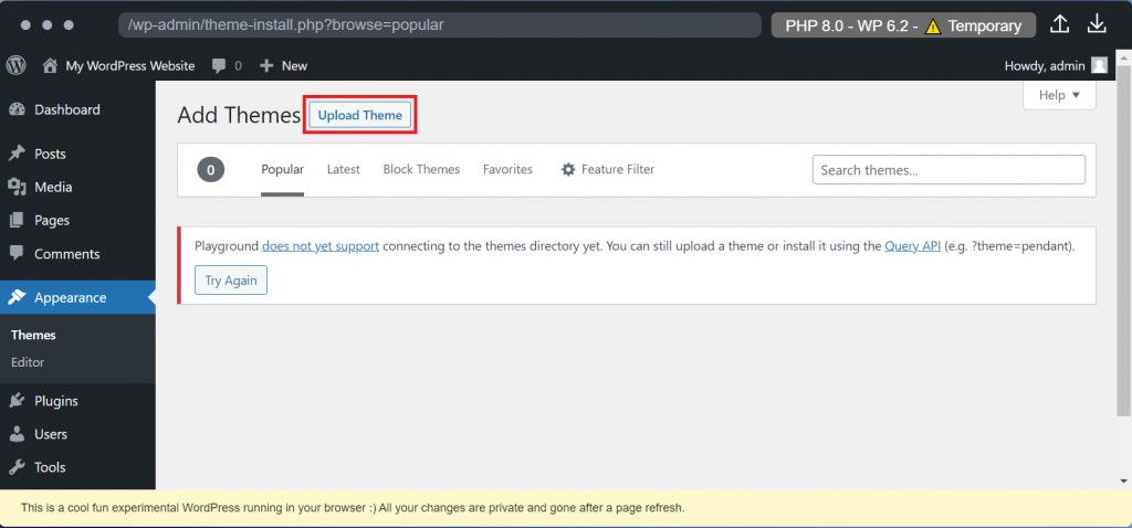 The Upload Theme button in the WordPress Playground admin dashboard