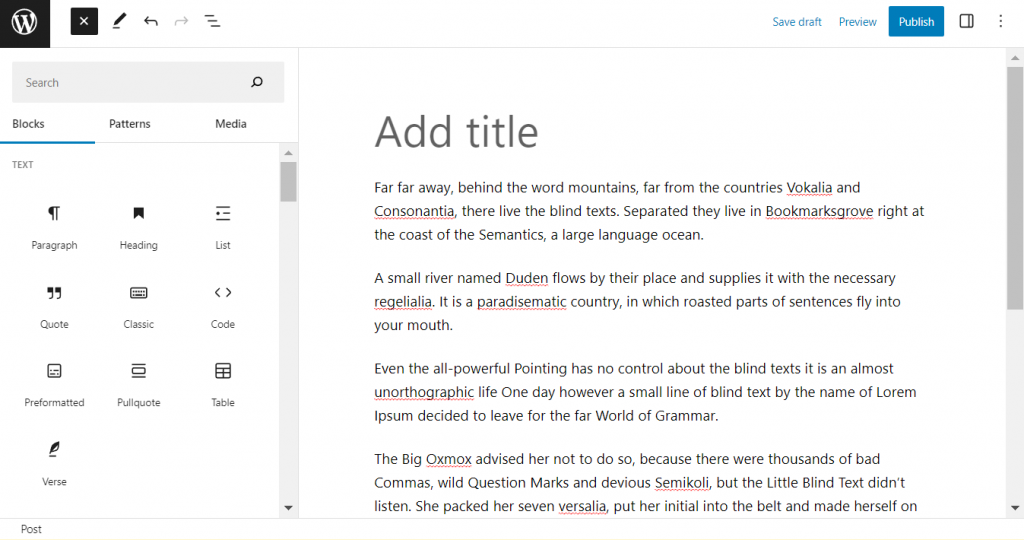 WordPress Gutenberg editor, where users can edit their page and post content