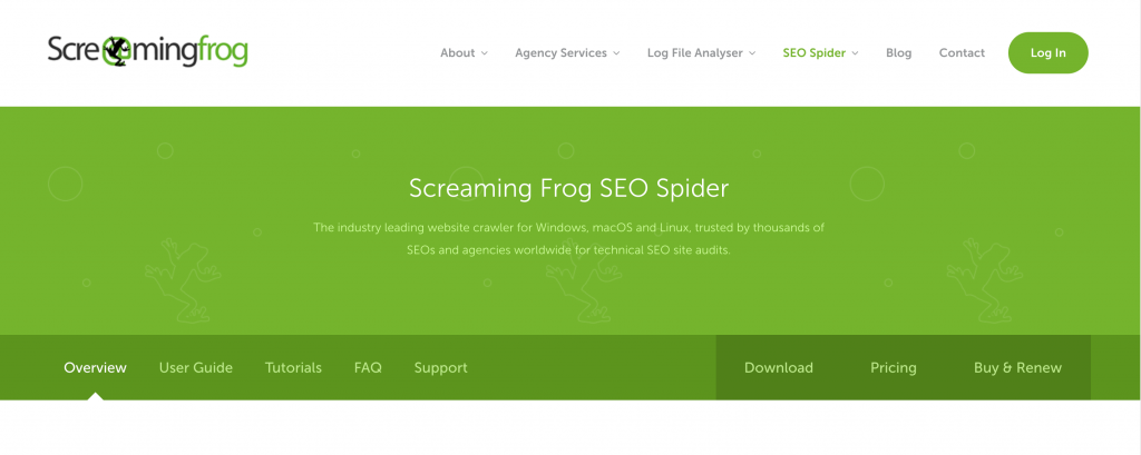 Homepage of Screaming Frog SEO Spider tool