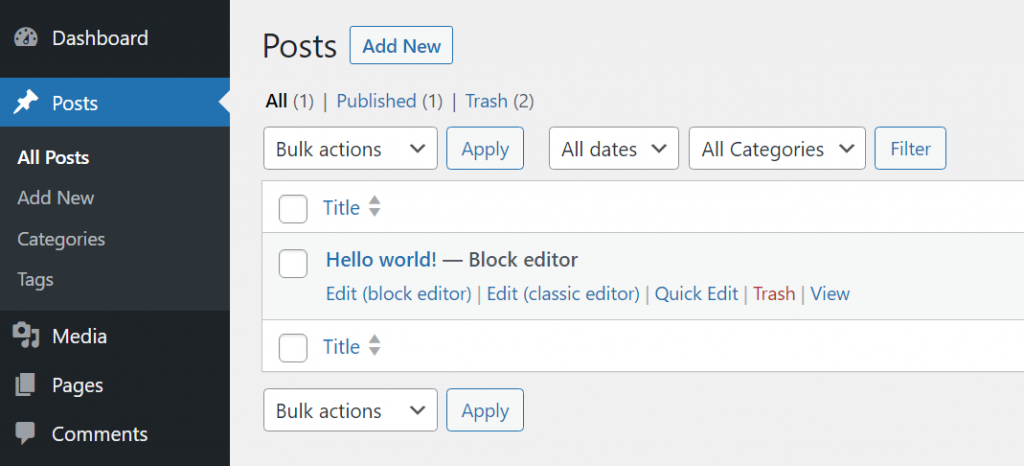 The edit options for a post in WordPress.
