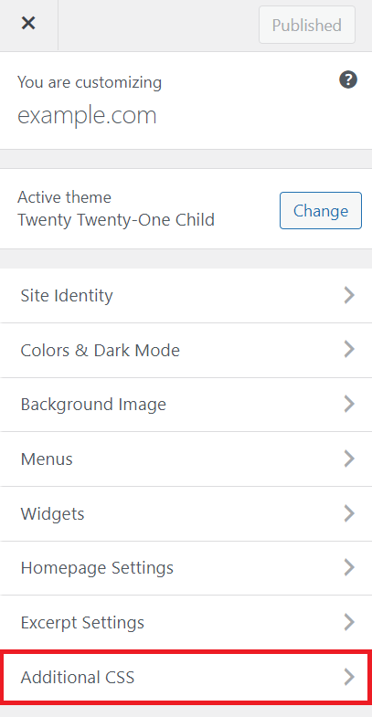 Accessing the Additional CSS option in the WordPress Theme Customizer