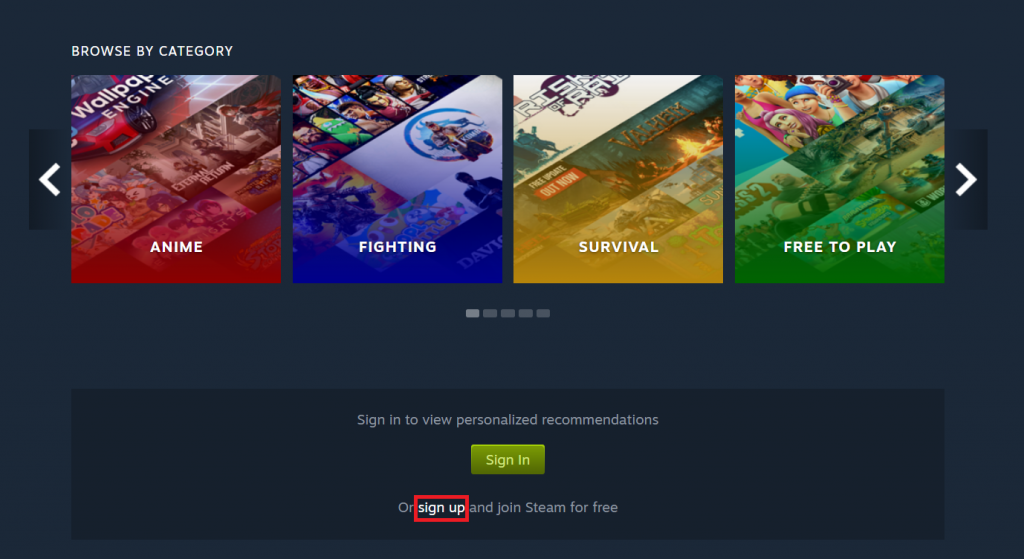 Selecting the sign up button to register a Steam account