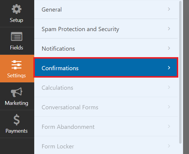 Accessing the Confirmations menu in the WPForms builder