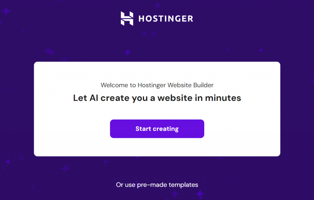 The onboarding page for Hostinger's website creator, allowing user to choose whether to create a website using AI or pre-made templates