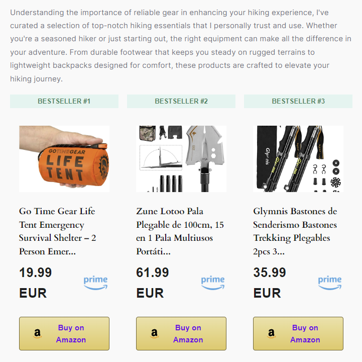 Affiliate products displayed in a blog post on Hostinger's prebuilt Amazon Affiliate website