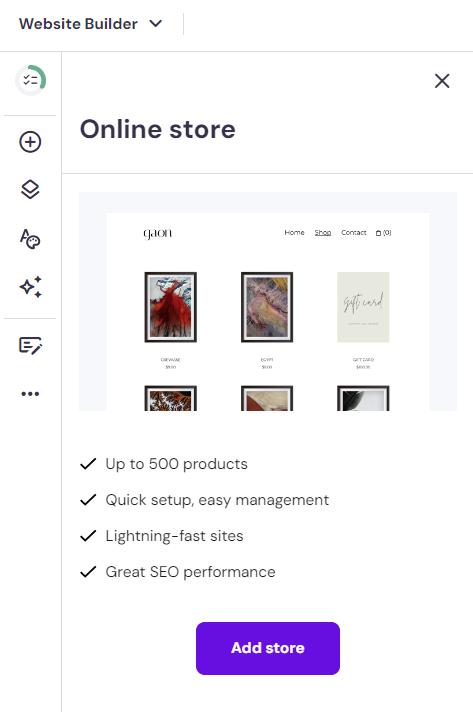 The online store section in Hostinger's site creator
