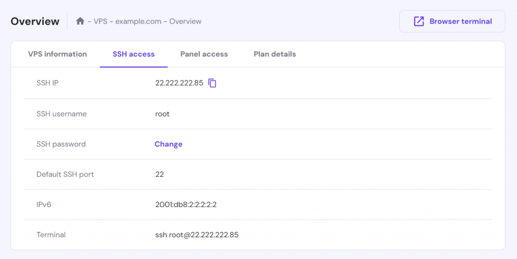 Checking the SSH details on the SSH access tab of hPanel