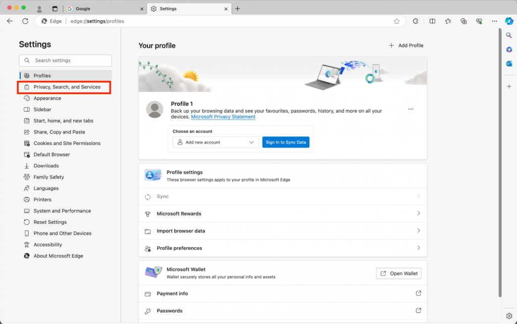 Microsoft edge settings page with privacy, search and services highlighted