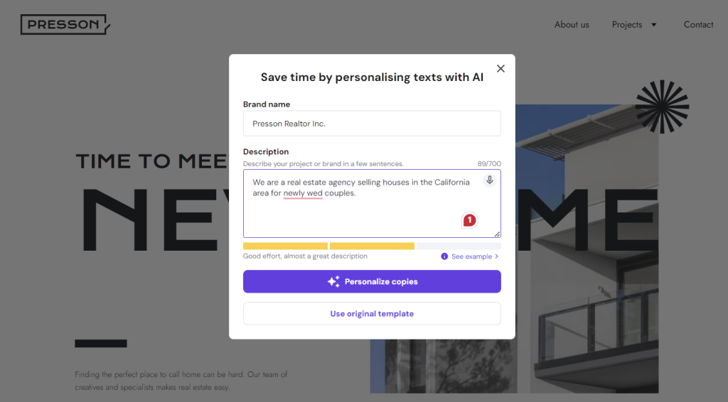 The AI Writer tool popup when selecting a template