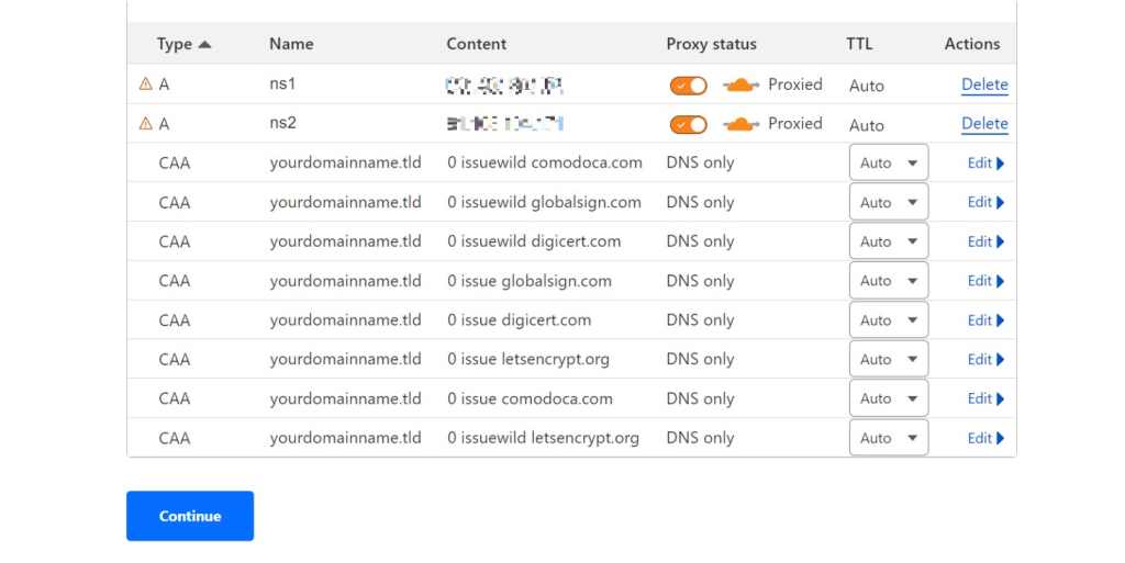 DNS record review page in Cloudflare dashboard