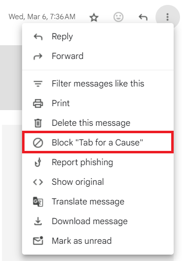 More settings in Gmail, highlighting the block option