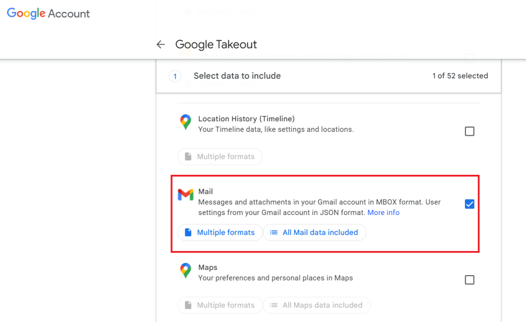 Selecting Mail on Google Takeout