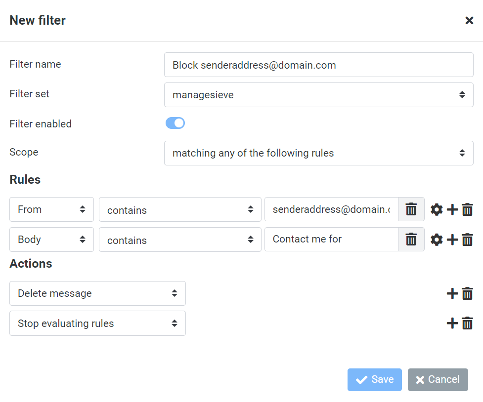 Setting up a new filter in Hostinger webmail