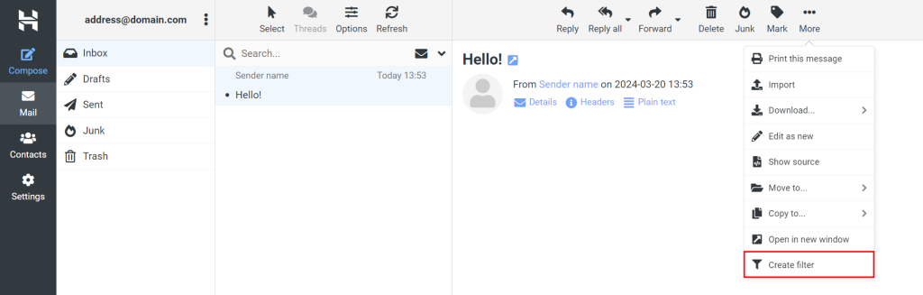Hostinger webmail, highlighting the option to create a filter