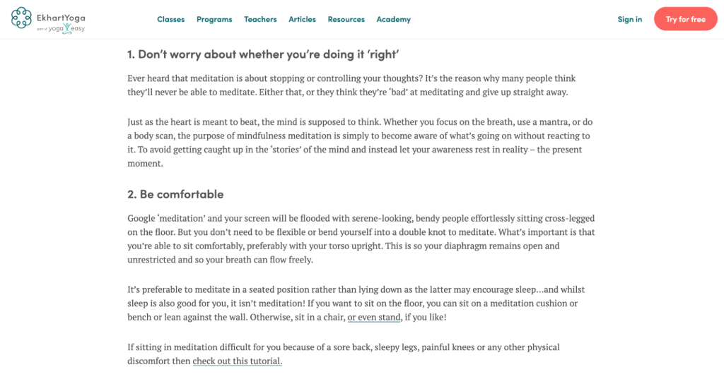 A section of a listicle on tips for starting meditation by Ekhart Yoga