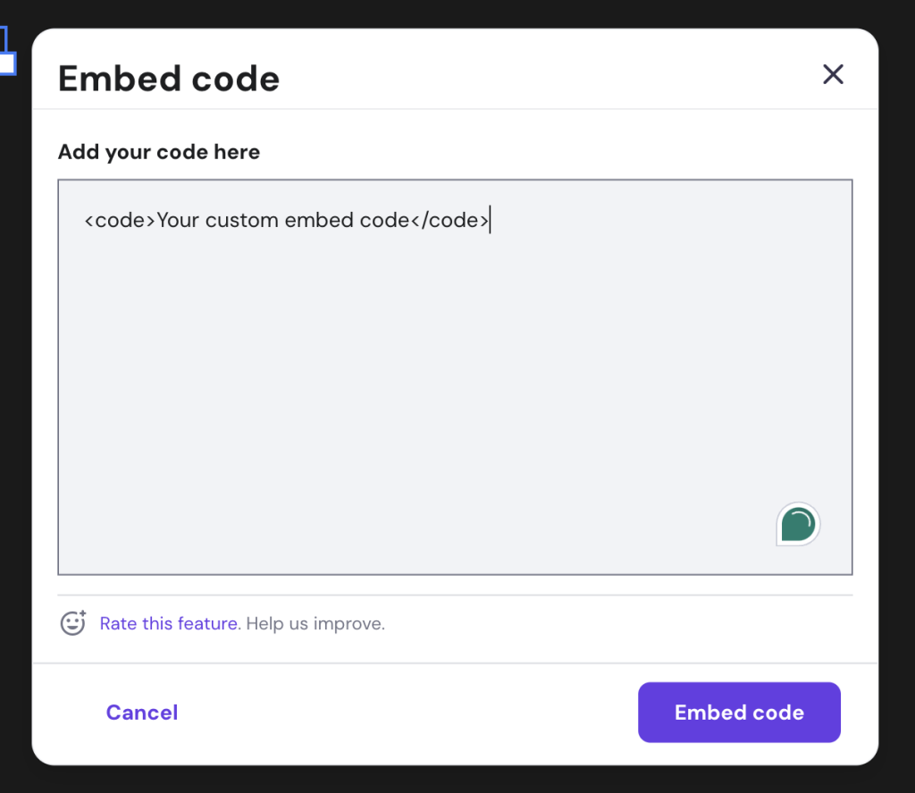 Embed code popup
