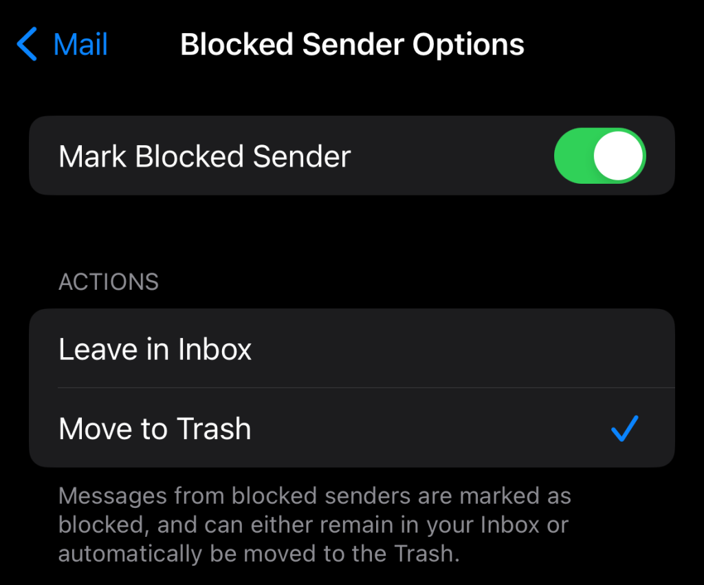 Blocked sender options in iOS