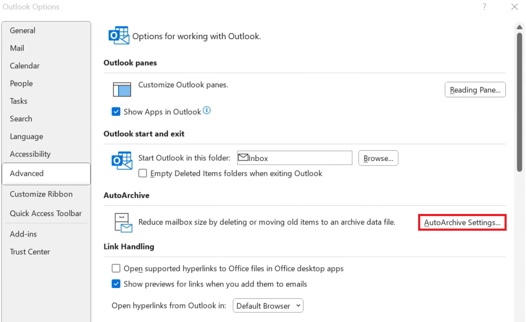Accessing AutoArchive Settings on Outlook