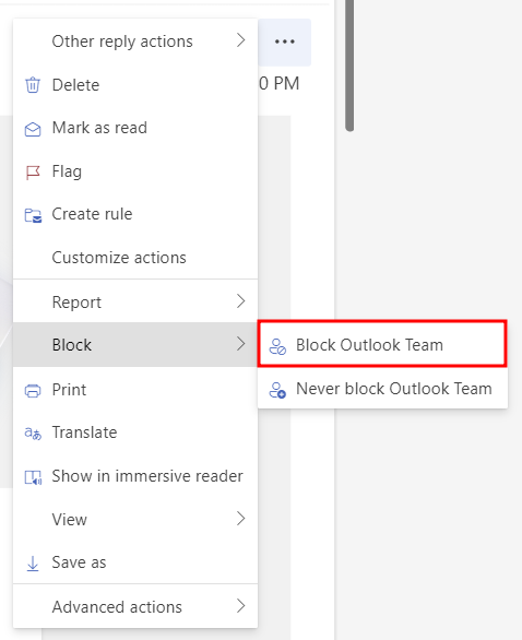 More settings in Outlook, highlighting the block feature
