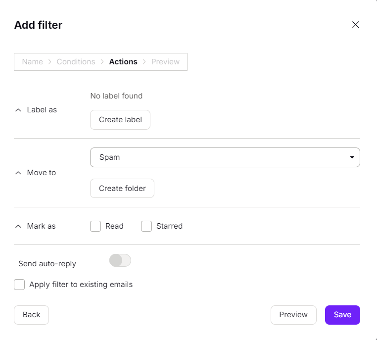 Setting filter actions in Proton Mail