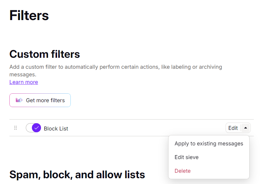 Proton's list of custom filter