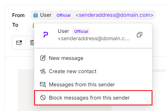 Proton email preview, highlighting the block option