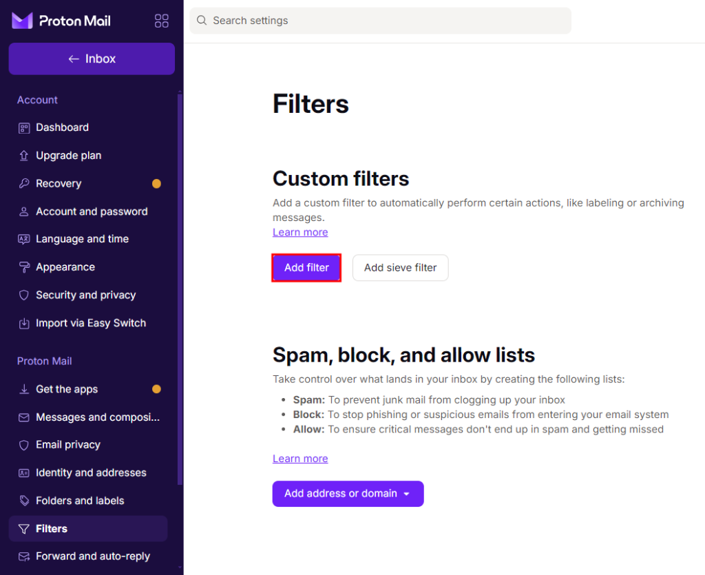 The filters section in Proton, highlighting the option to create a new filter