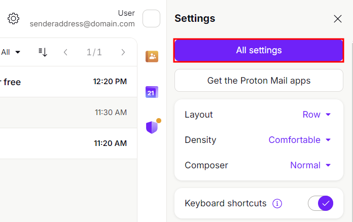 Proton settings, highlighting access to more settings
