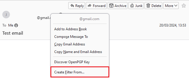Thunderbird email preview, highlighting the option to create a filter