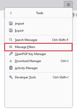 Thunderbird menu, highlighting the section to manage message filters