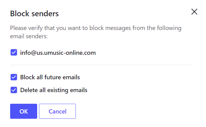 A pop-up asking for confirmation on whether to block existing and future emails from the blocked email address