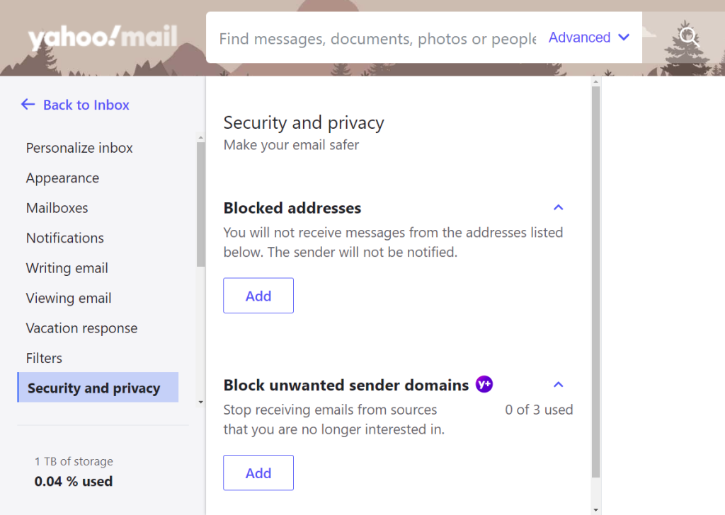 Yahoo security and privacy section