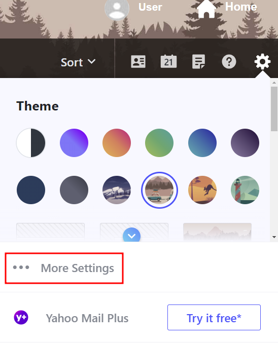 Yahoo settings, highlighting the More Settings option